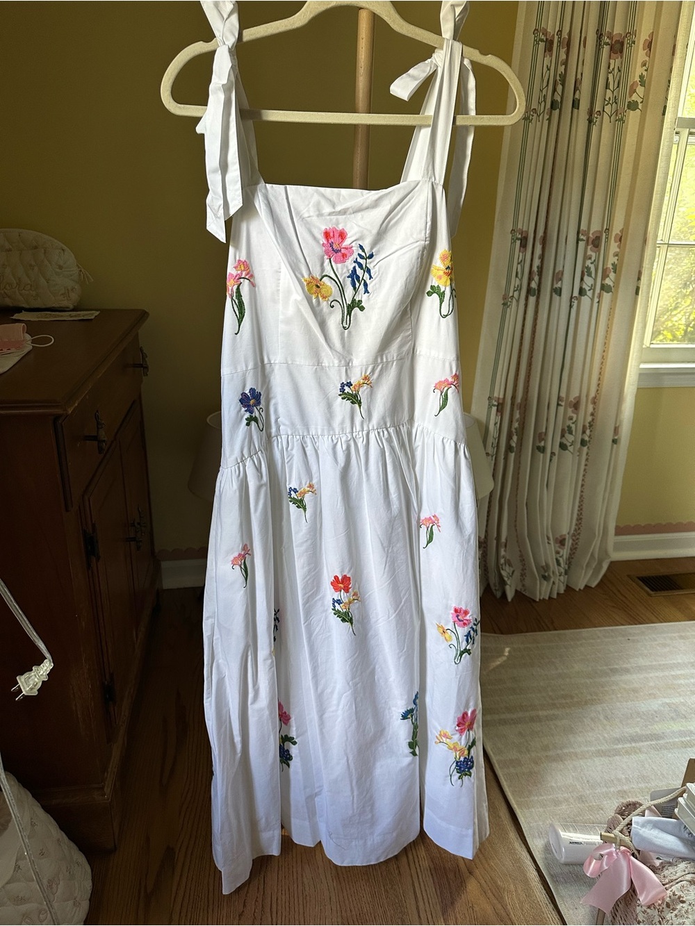 White Midi Dress with Multicolor Floral Embroidery and Tie Straps